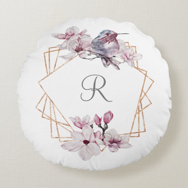 Monogram Pink White Magnolias Bird Gold Frame Round Pillow (Front)