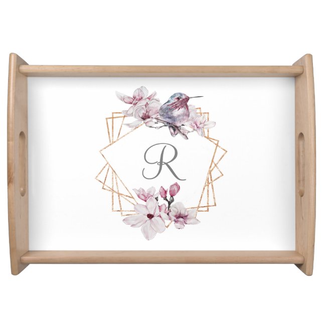 Monogram Pink White Magnolias Bird Gold Frame Serving Tray (Front)