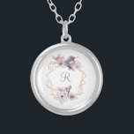 Monogram Pink White Magnolias Bird Gold Frame  Silver Plated Necklace<br><div class="desc">Personalize these elegant pink white and gray gold frame with magnolias necklace with your initial.  Elegant and pretty.</div>