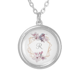 Monogram Pink White Magnolias Bird Gold Frame  Silver Plated Necklace