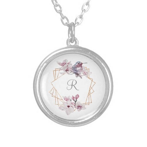Monogram Pink White Magnolias Bird Gold Frame  Silver Plated Necklace