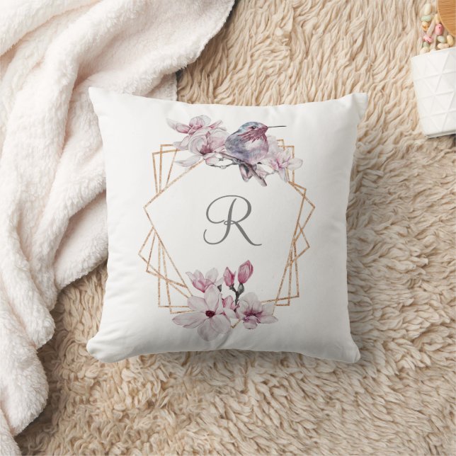 Monogram Pink White Magnolias Bird Gold Frame Throw Pillow (Blanket)