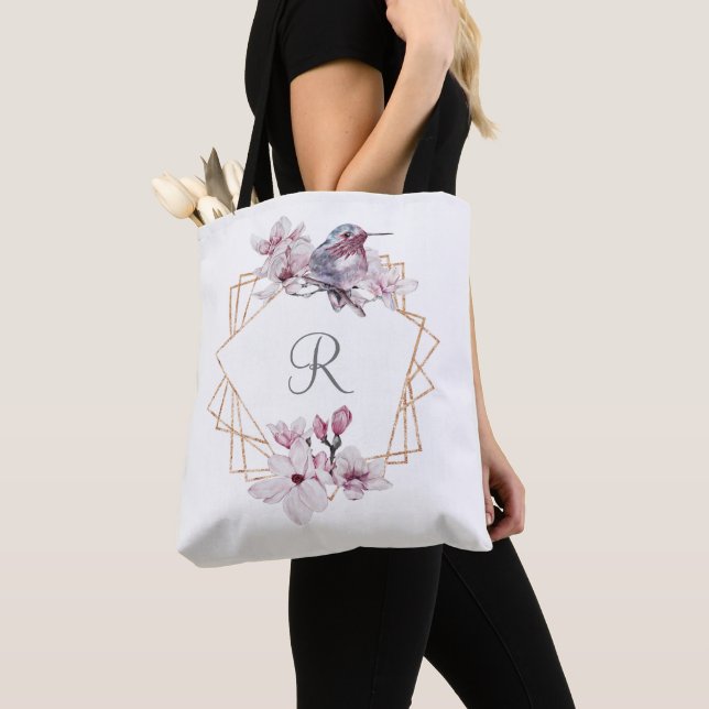 Monogram Pink White Magnolias Bird Gold Frame  Tote Bag (Close Up)