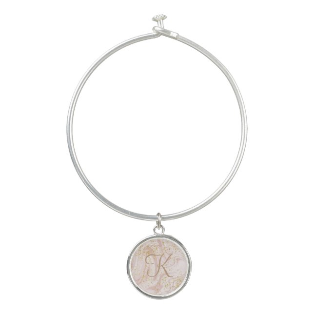 Monogram Pink White Marble Swirl Gold Glitter Gift Bangle Bracelet (Front)