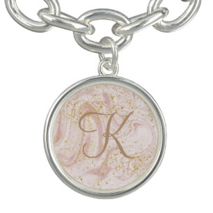 Monogram Pink White Marble Swirl Gold Glitter Gift Bracelet
