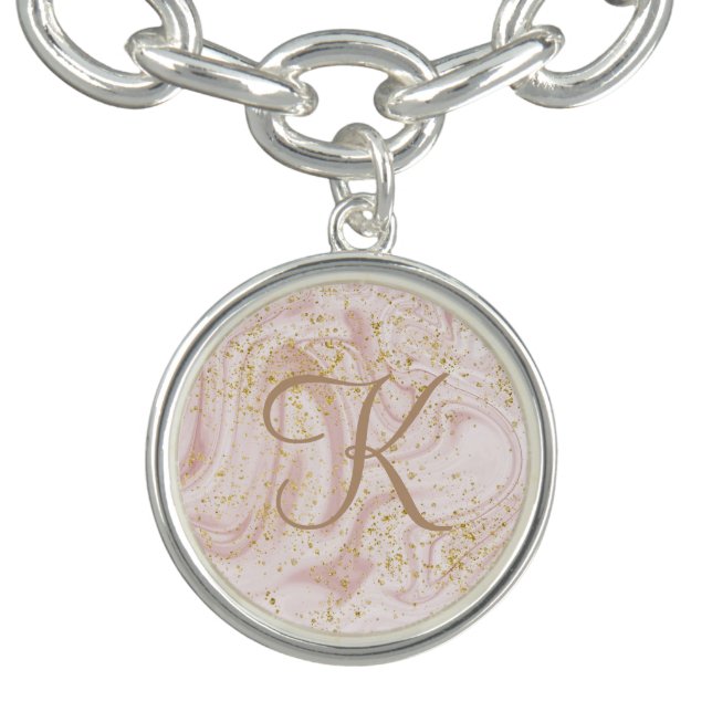Monogram Pink White Marble Swirl Gold Glitter Gift Bracelet (Design)