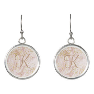Monogram Pink White Marble Swirl Gold Glitter Gift Earrings