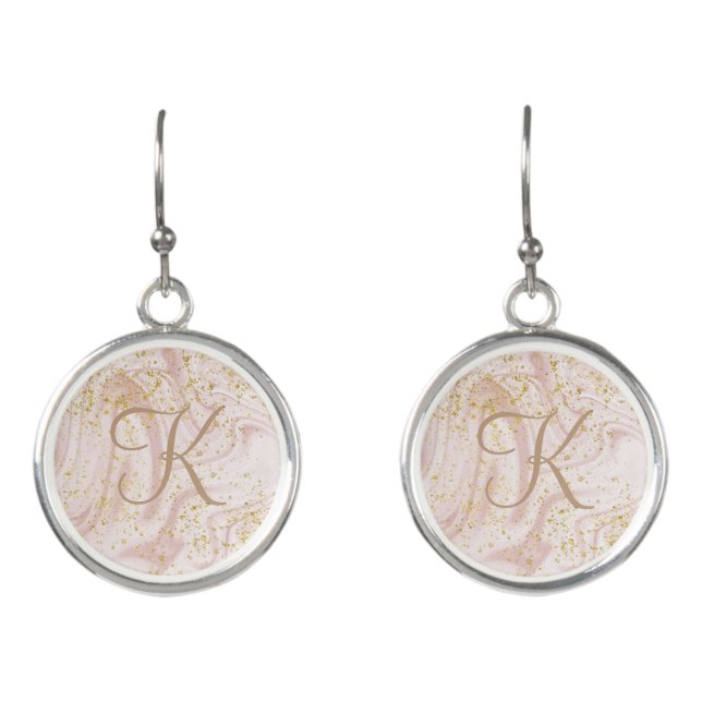 Monogram Pink White Marble Swirl Gold Glitter Gift Earrings (Front)