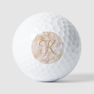 Monogram Pink White Marble Swirl Gold Glitter Gift Golf Balls