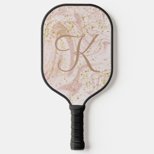 Monogram Pink White Marble Swirl Gold Glitter Gift Pickleball Paddle