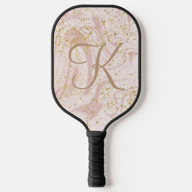 Monogram Pink White Marble Swirl Gold Glitter Gift Pickleball Paddle (Front)