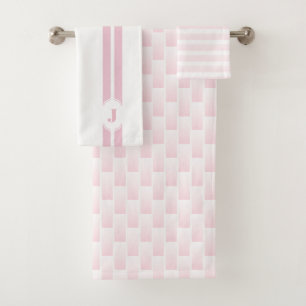 Monogram Pink White Ombre Checkered Stripe Bath Towel Set