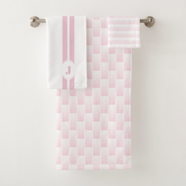 Monogram Pink White Ombre Checkered Stripe Bath Towel Set (Insitu)