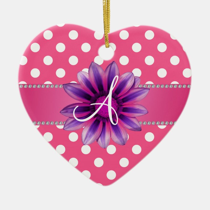 Monogram pink white polka dots purple daisy christmas tree ornament