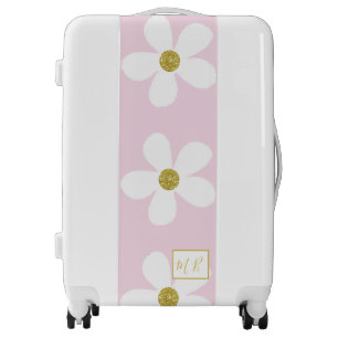 Monogram Pink White Simple Daisy Gold Luggage