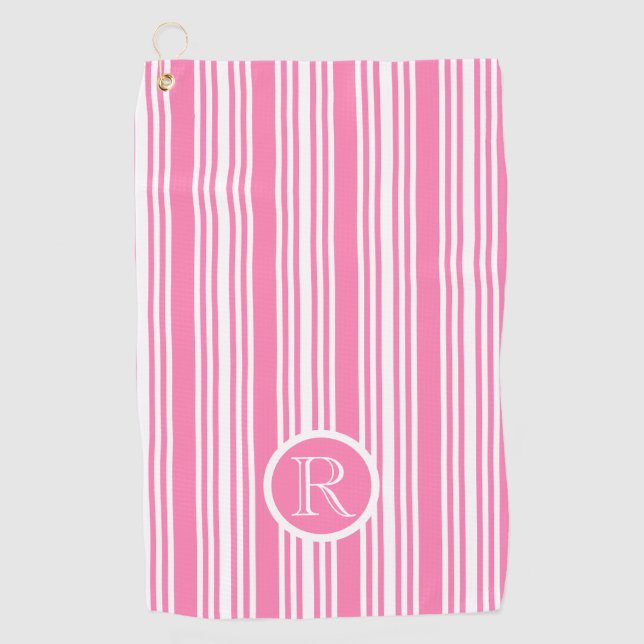 Monogram Pink white Stripes Pattern Personalized Golf Towel (Front)