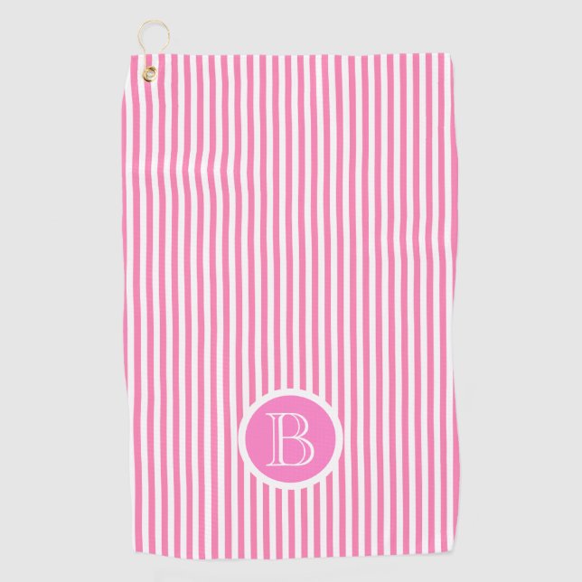 Monogram Pink white Stripes Pattern Personalized Golf Towel (Front)