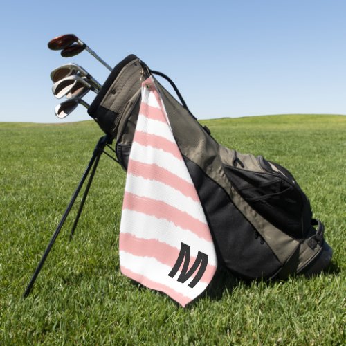 Monogram Pink White Watercolor Stripes Golf Towel
