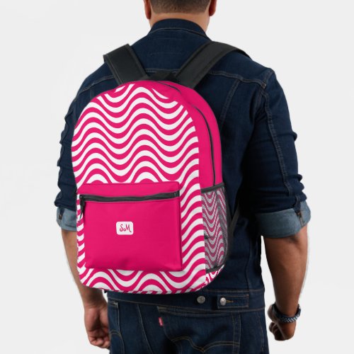 Monogram Pink White Wavy Stripes Psychedelic Printed Backpack