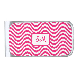 Monogram Pink & White Wavy Stripes Psychedelic Silver Finish Money Clip