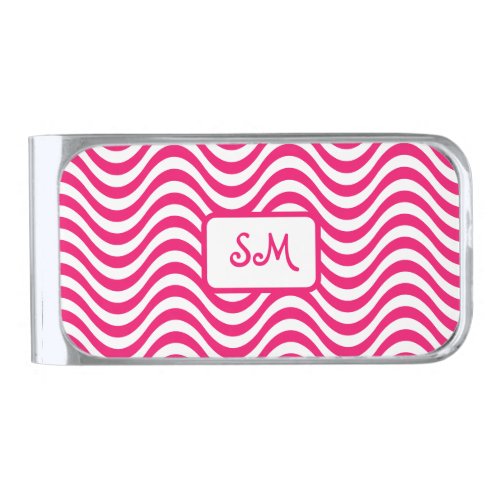 Monogram Pink  White Wavy Stripes Psychedelic Silver Finish Money Clip