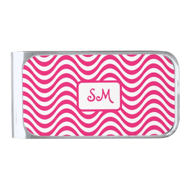 Monogram Pink & White Wavy Stripes Psychedelic Silver Finish Money Clip (Front)