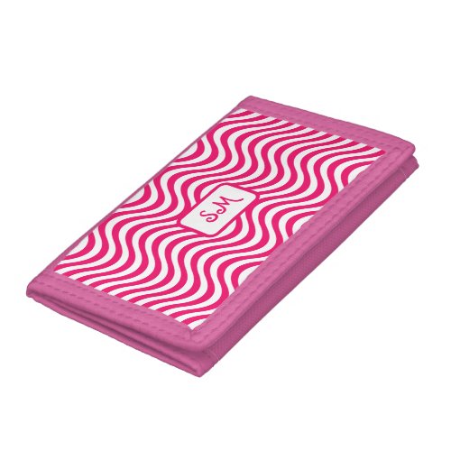 Monogram Pink  White Wavy Stripes Psychedelic Trifold Wallet