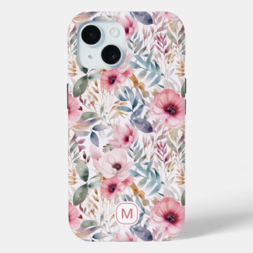 Monogram pink wild flower leafy botanical iPhone 15 case