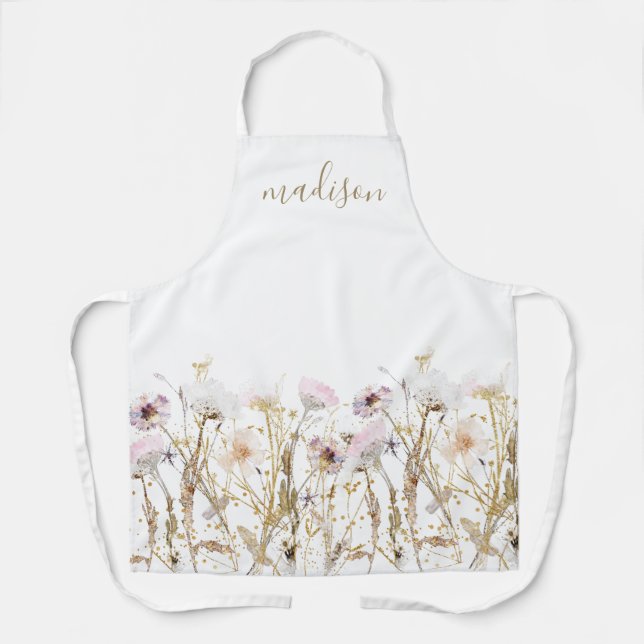 Monogram Pink Wildflower Gold Glitter Apron (Front)
