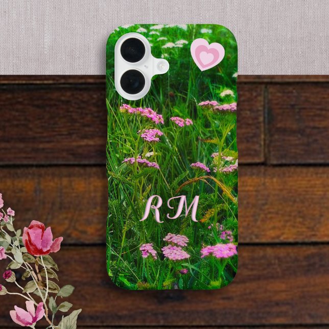 Monogram Pink Wildflower Hearts iPhone Case (A pretty phone case with custom initials and photograph of pink wildflowers and long grass)