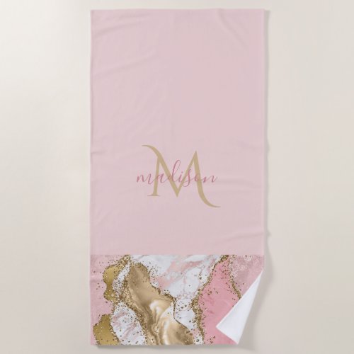 Monogram Pink with  Rose Gold Agate Trim Beach Towel
