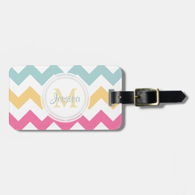 Monogram Pink Yellow And Blue Chevron Luggage Tag (Front Horizontal)
