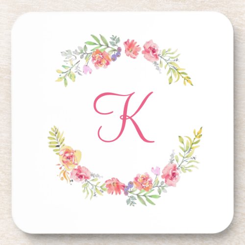 Monogram Pink Yellow and Green Floral Watercolor  Beverage Coaster