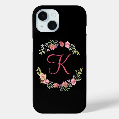 Monogram Pink Yellow and Green Floral Watercolor  iPhone 15 Case