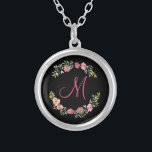 Monogram Pink, Yellow and Green Floral Watercolor Silver Plated Necklace<br><div class="desc">This beautiful floral wreath with pinks,  yellows and greens on a black background will make a great gift for that special some one or for yourself. Monogram it with an initial and if you would like to change the background color,  click to customize it further.</div>