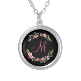 Monogram Pink, Yellow and Green Floral Watercolor Silver Plated Necklace