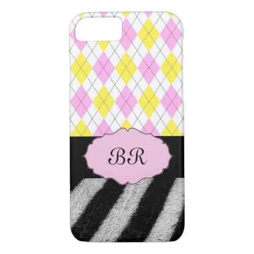 Monogram Pink Yellow Argyle Plaid  Zebra Pattern iPhone 87 Case