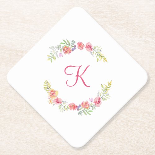 Monogram Pink Yellow Green Floral Wedding Paper Coaster