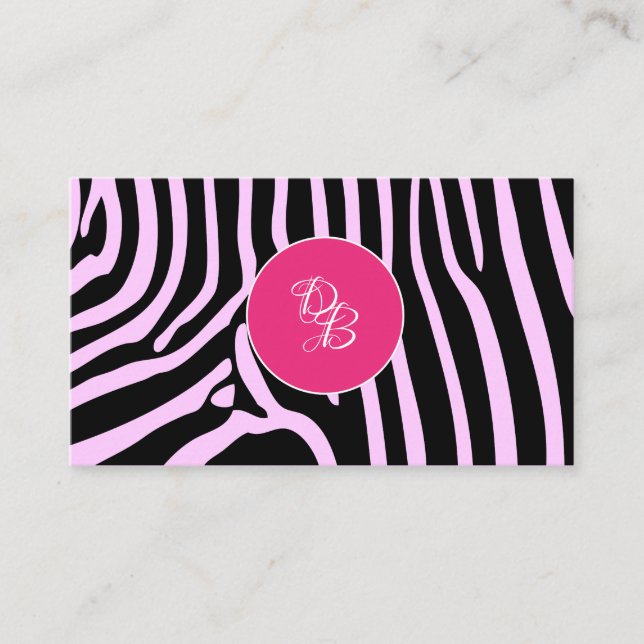 Monogram Pink Zebra Animal Print Designer Business Card (Front)