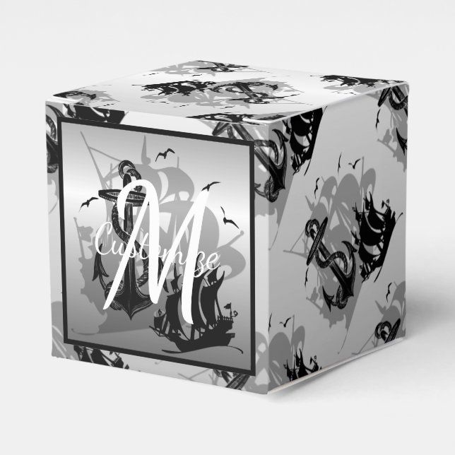 Monogram Pirate Ship & Anchor Cube Favor Box 2 (Front Side)