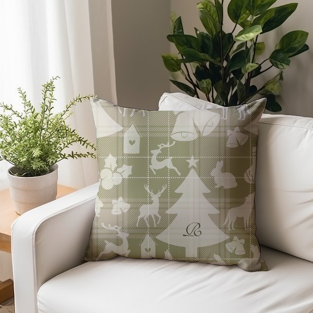 Monogram Plaid Christmas Woodland Animals Village Throw Pillow (Creator Uploaded)