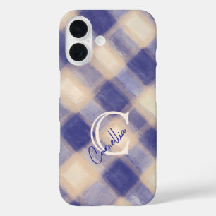 Monogram plaid gingham navy blue cream handwritten iPhone 16 case