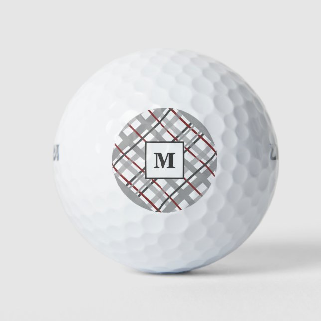 Monogram Plaid Gray Silver Red Golf Balls (Front)