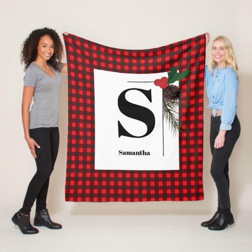 Monogram Plaid Holiday Christmas Fleece Blanket