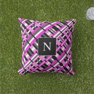 Monogram Plaid in Pink, Black & Gray Diagonal Outdoor Pillow