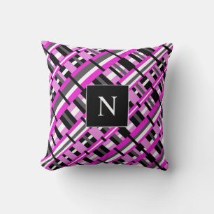 Monogram Plaid in Pink, Black & Gray Diagonal Throw Pillow