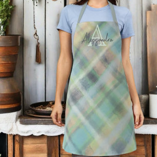 Monogram plaid pastel green gray cyan yellow  apron