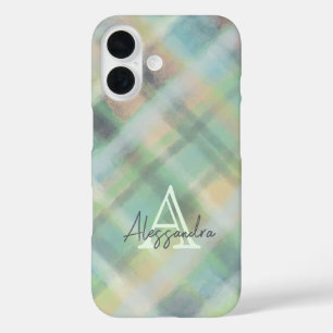 Monogram plaid pastel green gray yellow teal iPhone 16 case