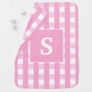Monogram Plaid Pink White Gingham Baby Blanket