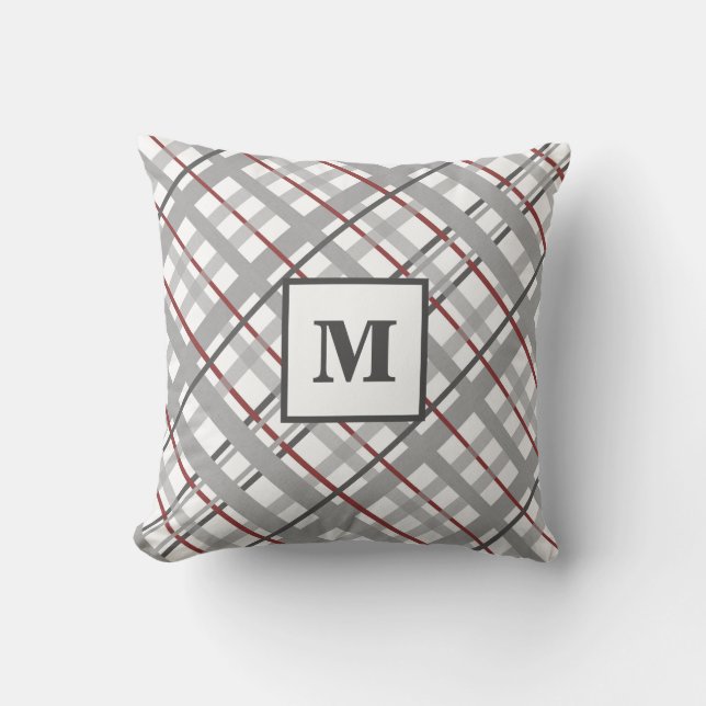 Monogram Plaid Red Gray Silver Throw Pillow (Front)